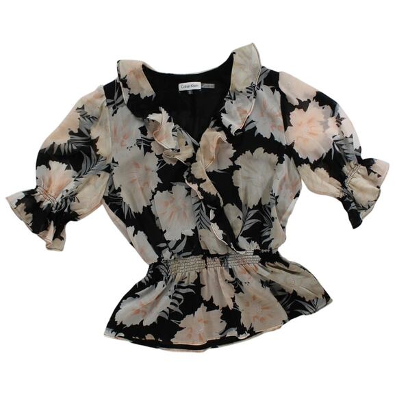 Calvin Klein Black Floral Ruffle Blouse Medium Elastic Waist Sheer Lined - Picture 1 of 6